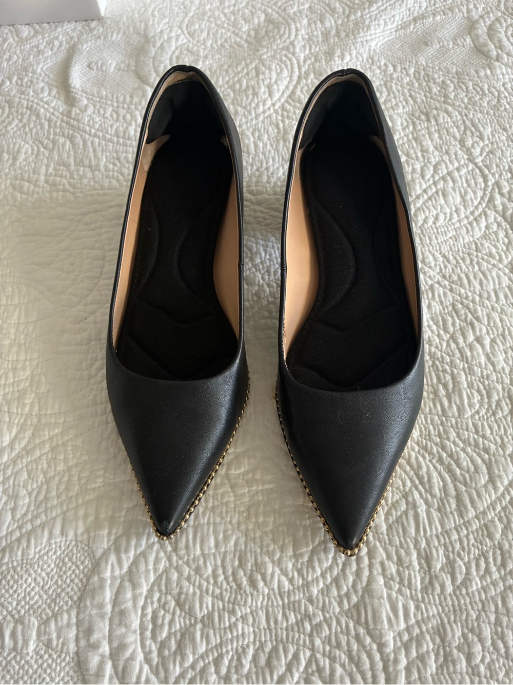Coach Black Pointed Toe Flats with Gold Chain Trim